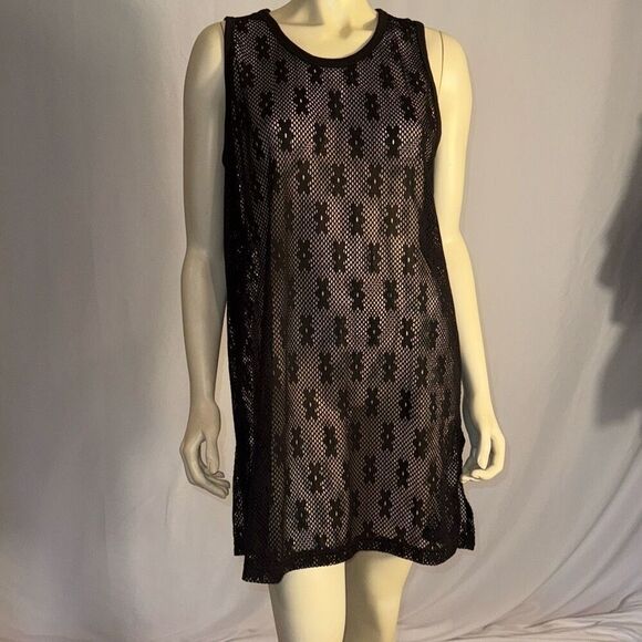 LG Sport Black Sheer Mesh Swim Cover Crochet Shift Cover Up Sundress Size Large - Picture 9 of 13